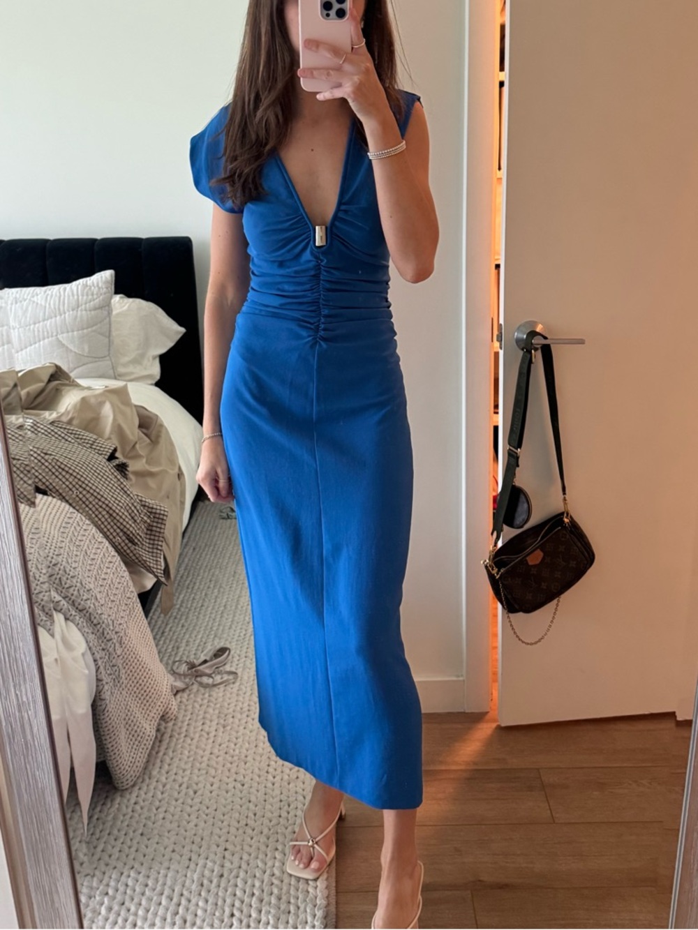 Zara Royal Blue Ruched V-Neck Midi Dress